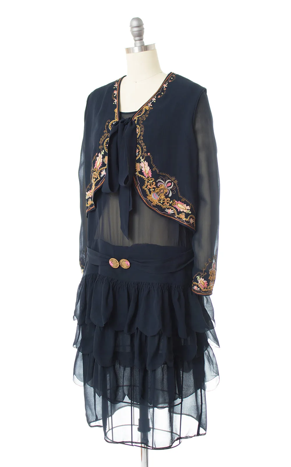 1920s Floral Chainstitch Silk Chiffon Dress & Vest Set | small/medium