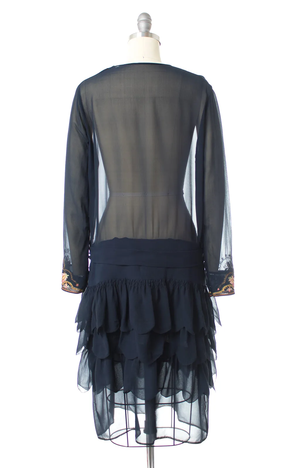 1920s Floral Chainstitch Silk Chiffon Dress & Vest Set | small/medium