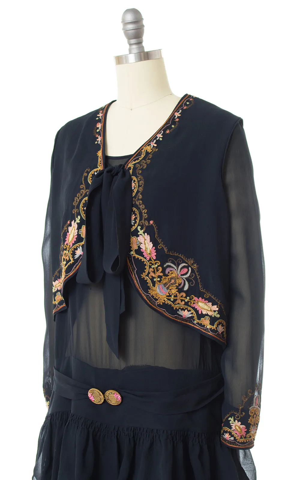 1920s Floral Chainstitch Silk Chiffon Dress & Vest Set | small/medium