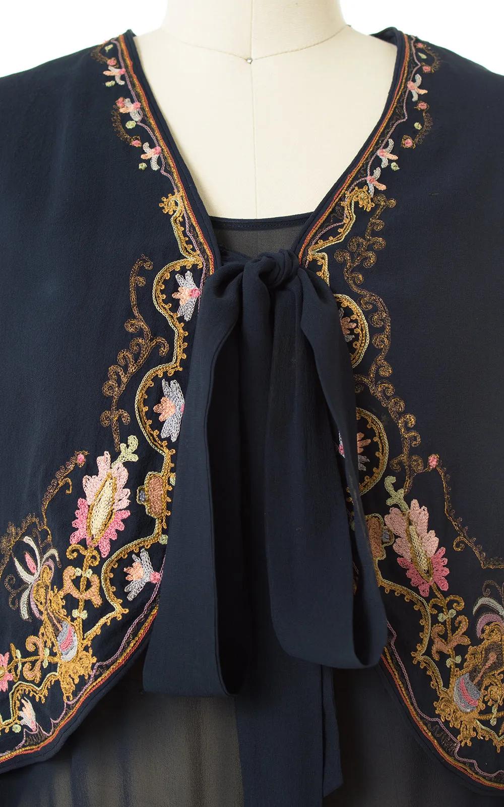 1920s Floral Chainstitch Silk Chiffon Dress & Vest Set | small/medium