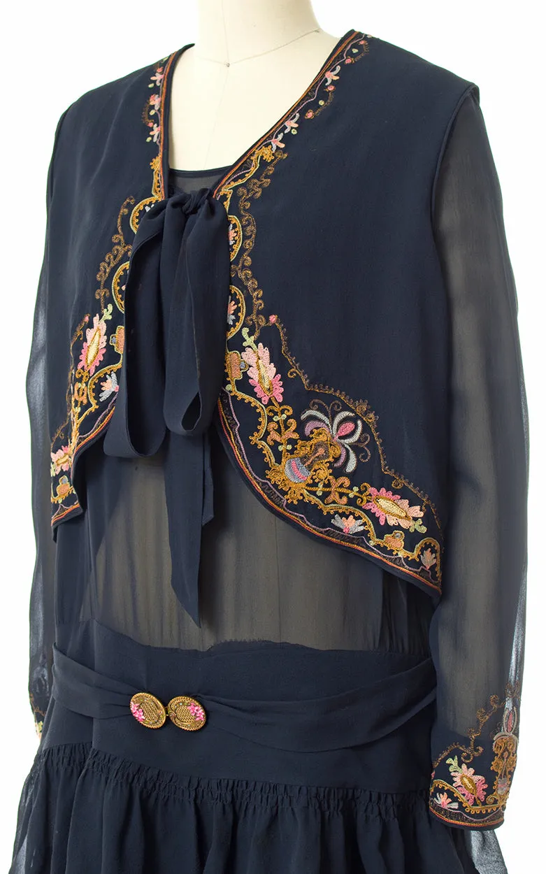 1920s Floral Chainstitch Silk Chiffon Dress & Vest Set | small/medium