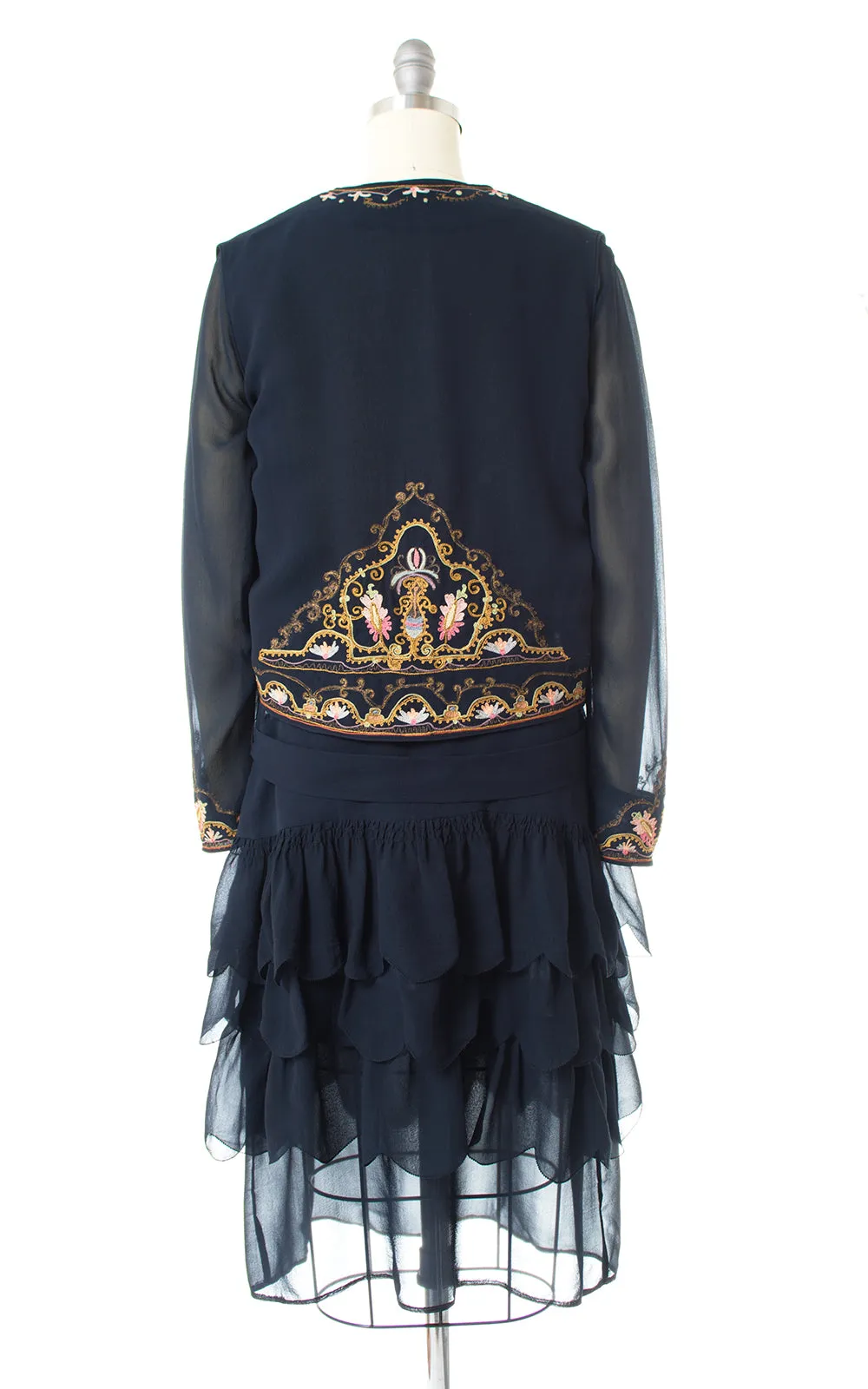1920s Floral Chainstitch Silk Chiffon Dress & Vest Set | small/medium