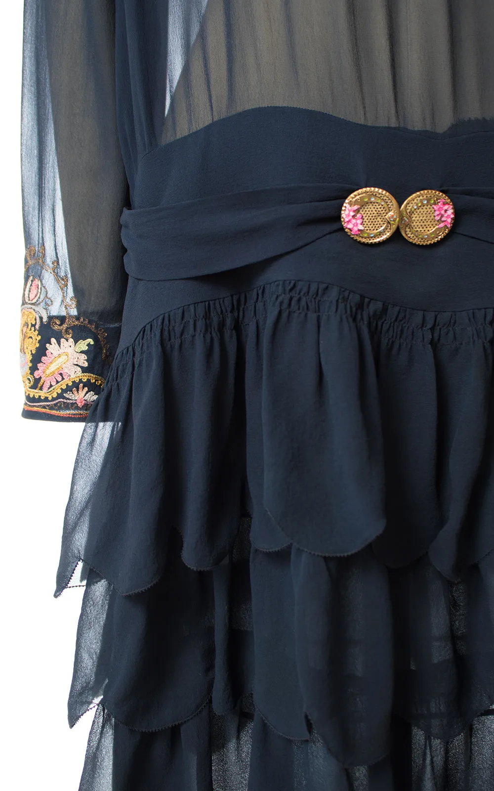 1920s Floral Chainstitch Silk Chiffon Dress & Vest Set | small/medium