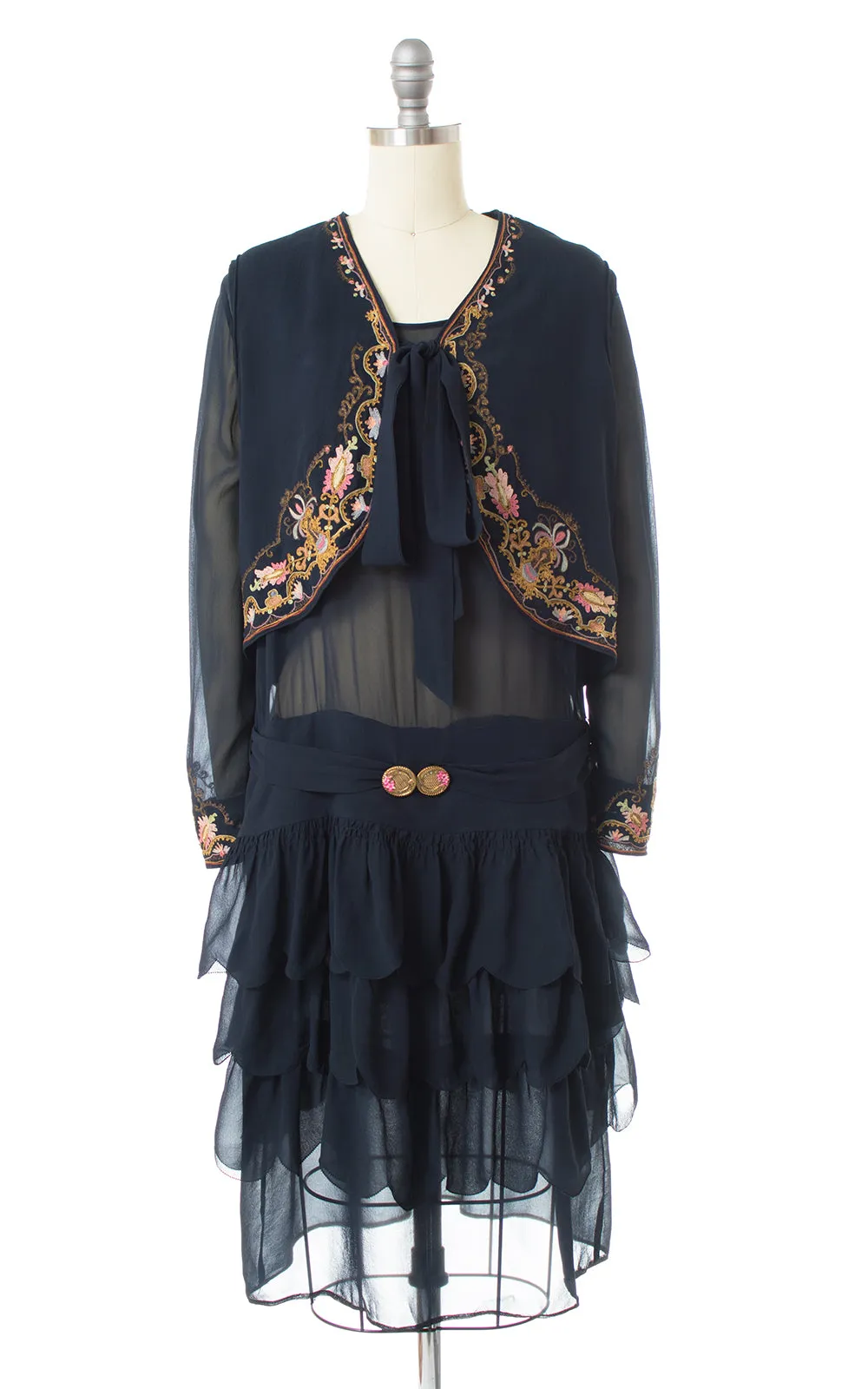 1920s Floral Chainstitch Silk Chiffon Dress & Vest Set | small/medium