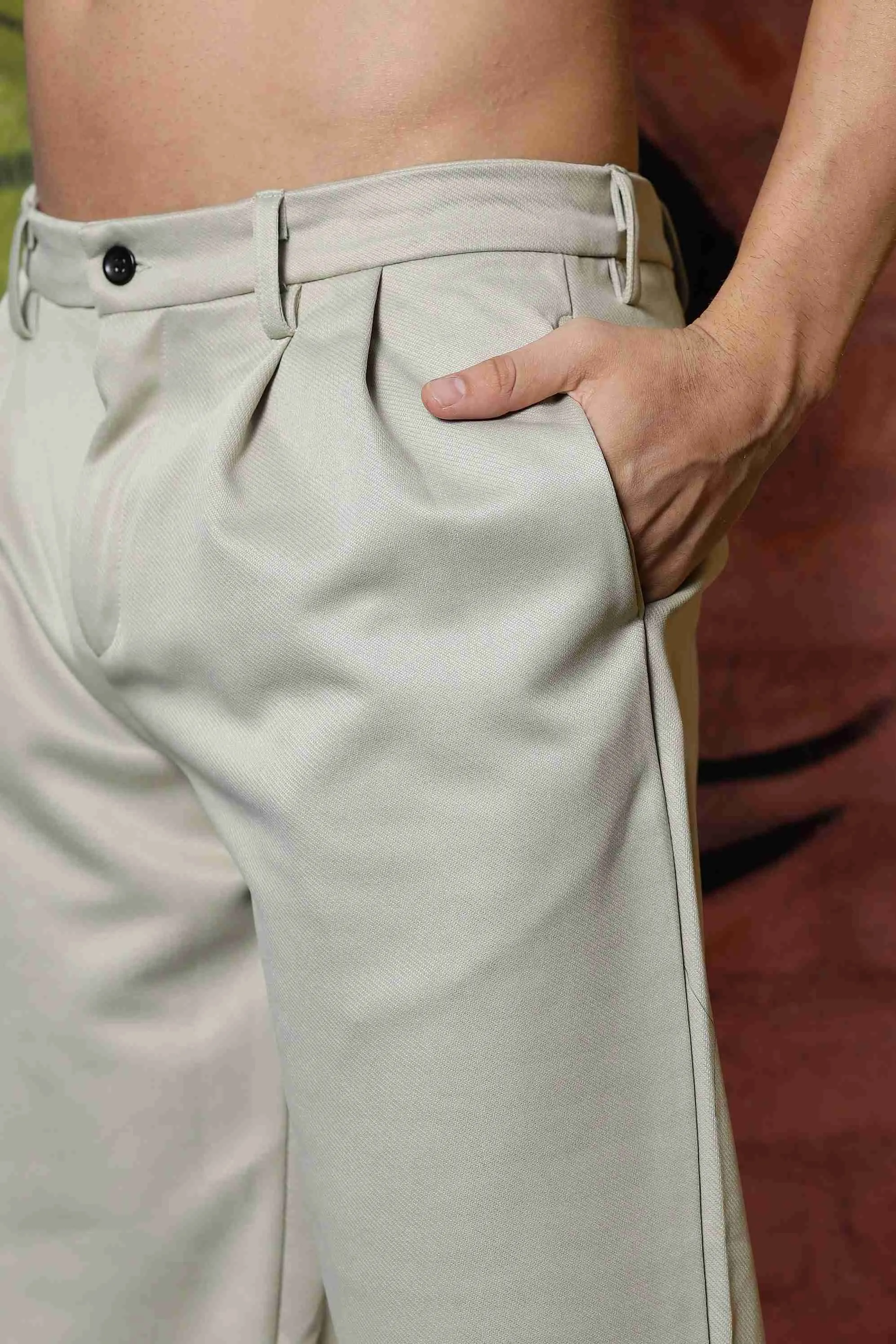 Beige Baggy fit Double Pleated  Korean Trousers