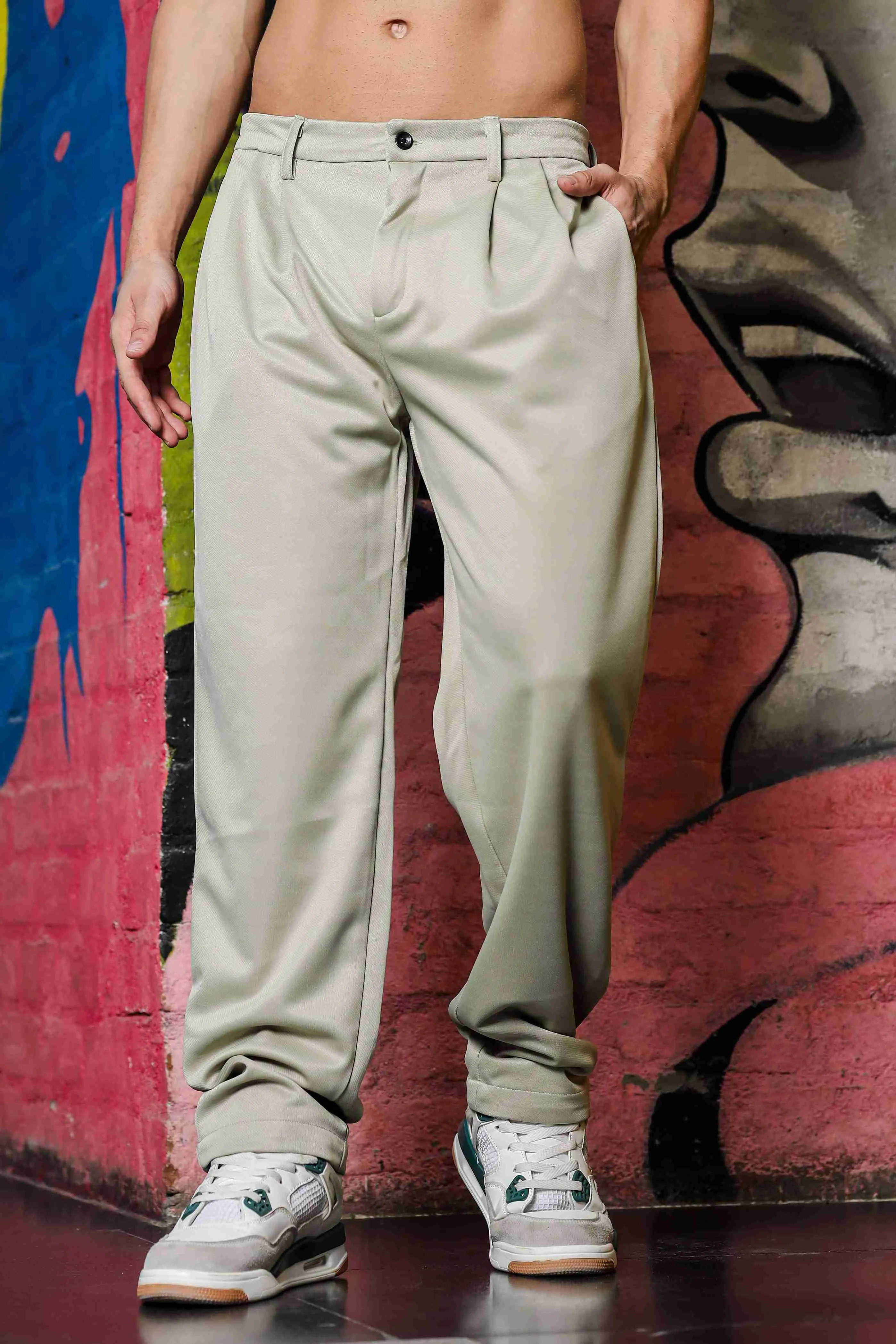 Beige Baggy fit Double Pleated  Korean Trousers