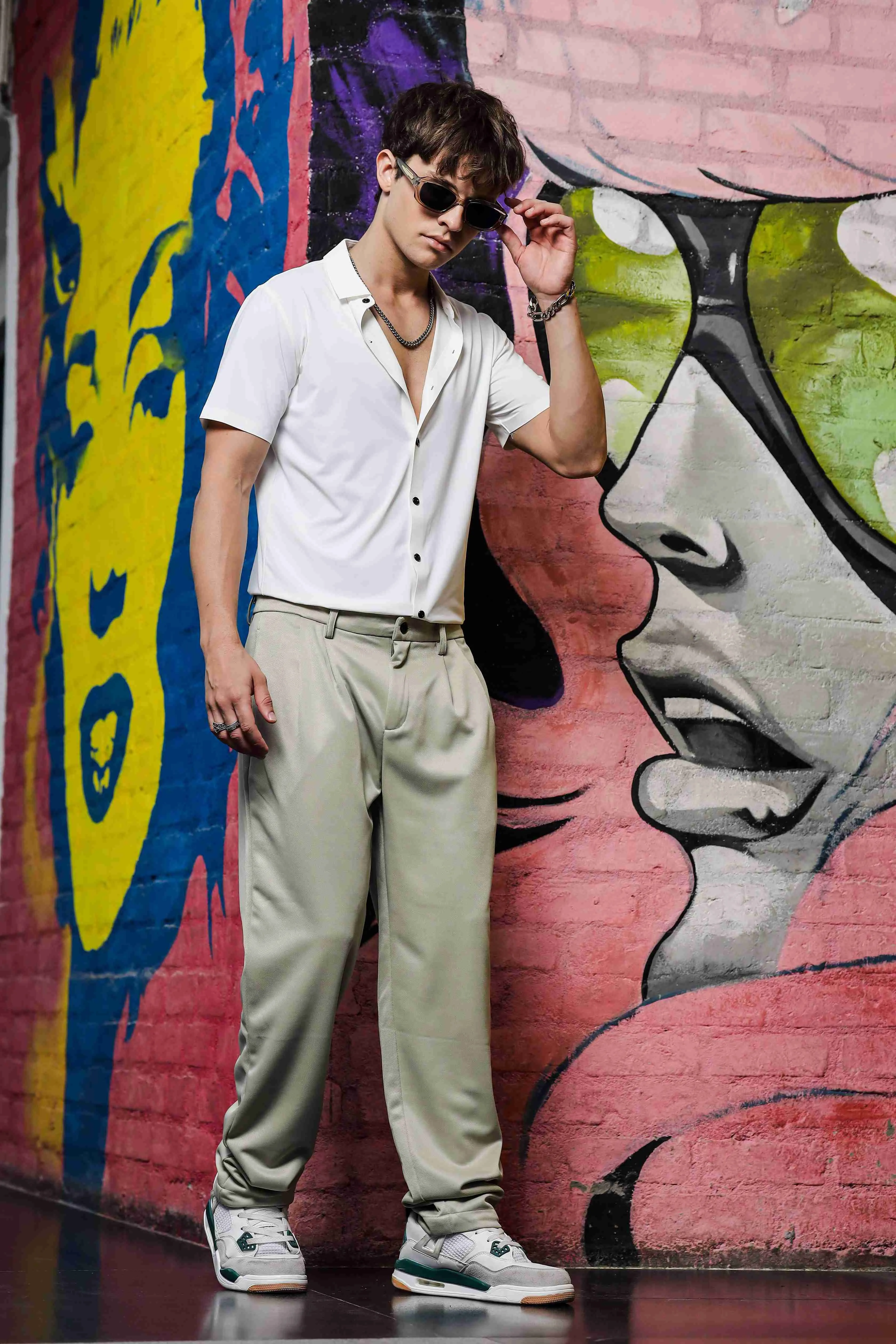 Beige Baggy fit Double Pleated  Korean Trousers