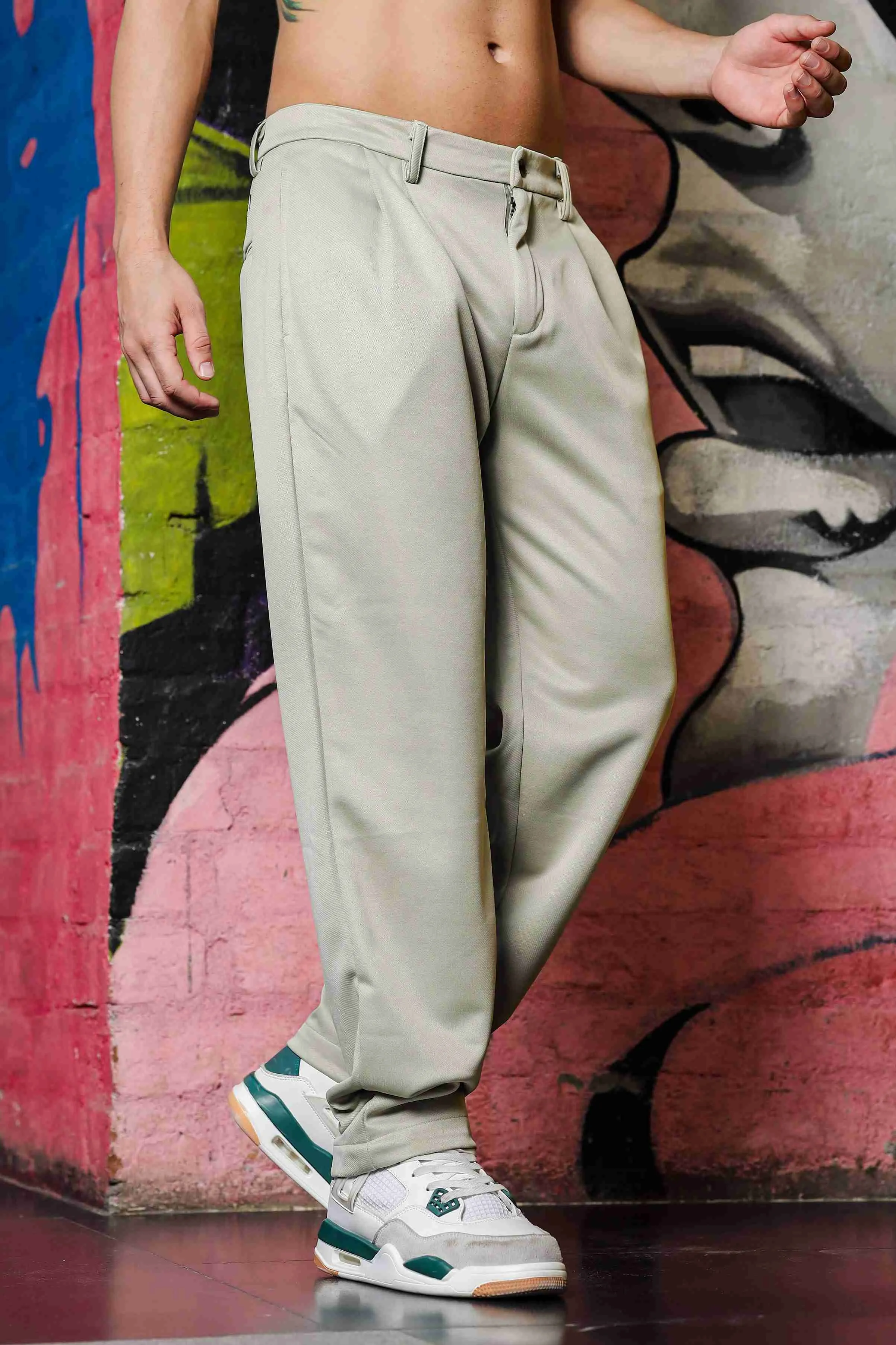 Beige Baggy fit Double Pleated  Korean Trousers