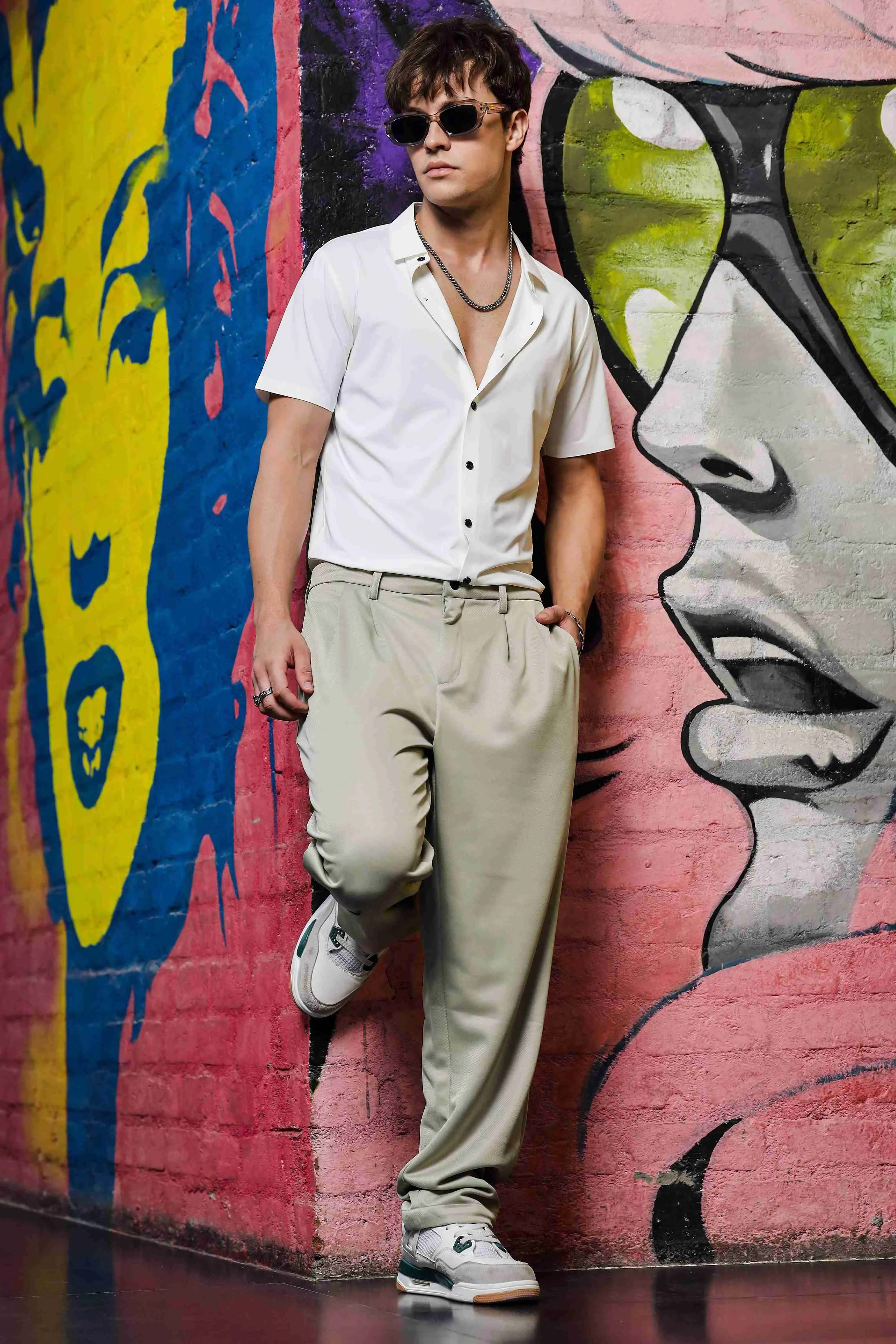 Beige Baggy fit Double Pleated  Korean Trousers