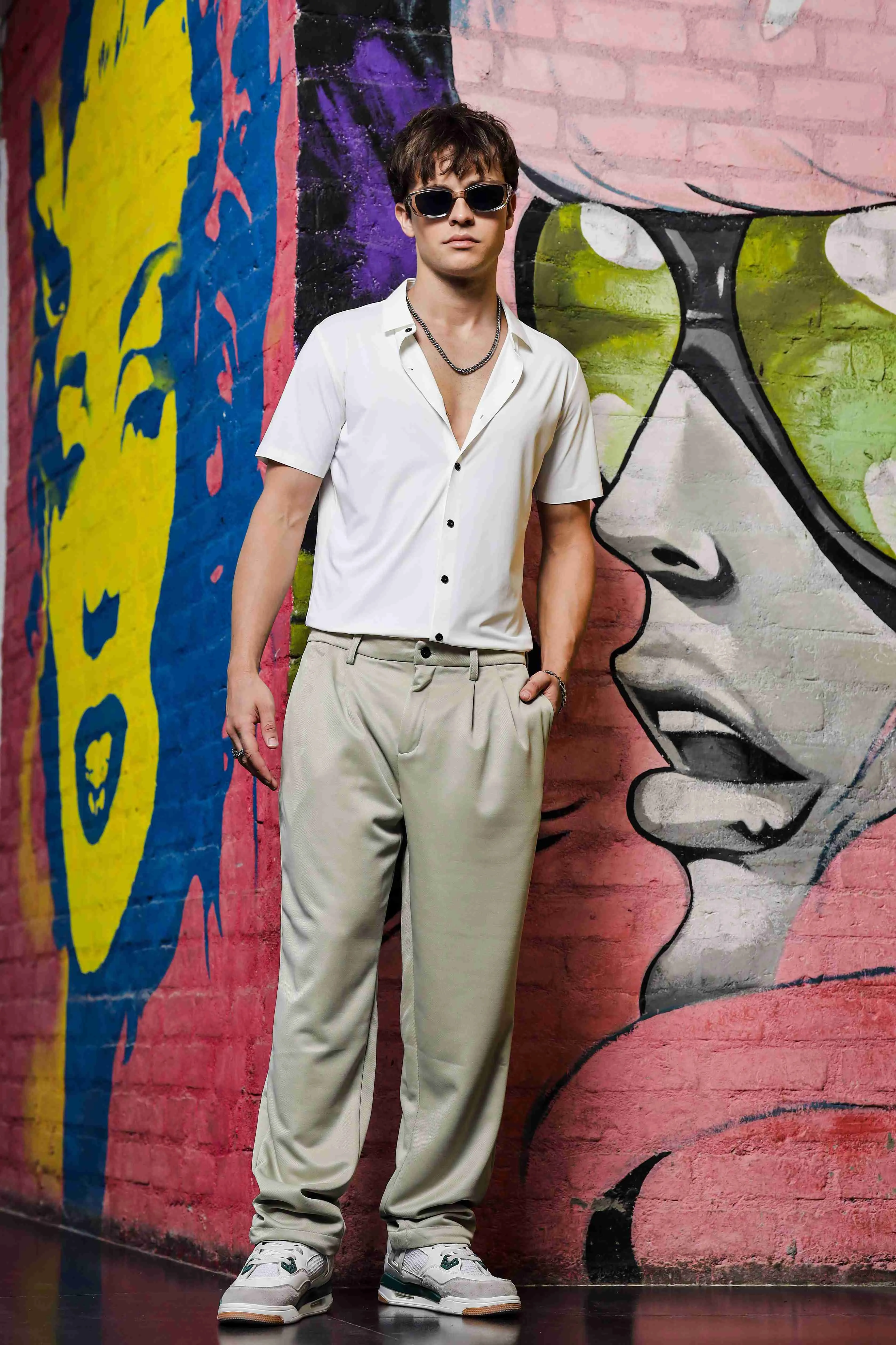 Beige Baggy fit Double Pleated  Korean Trousers
