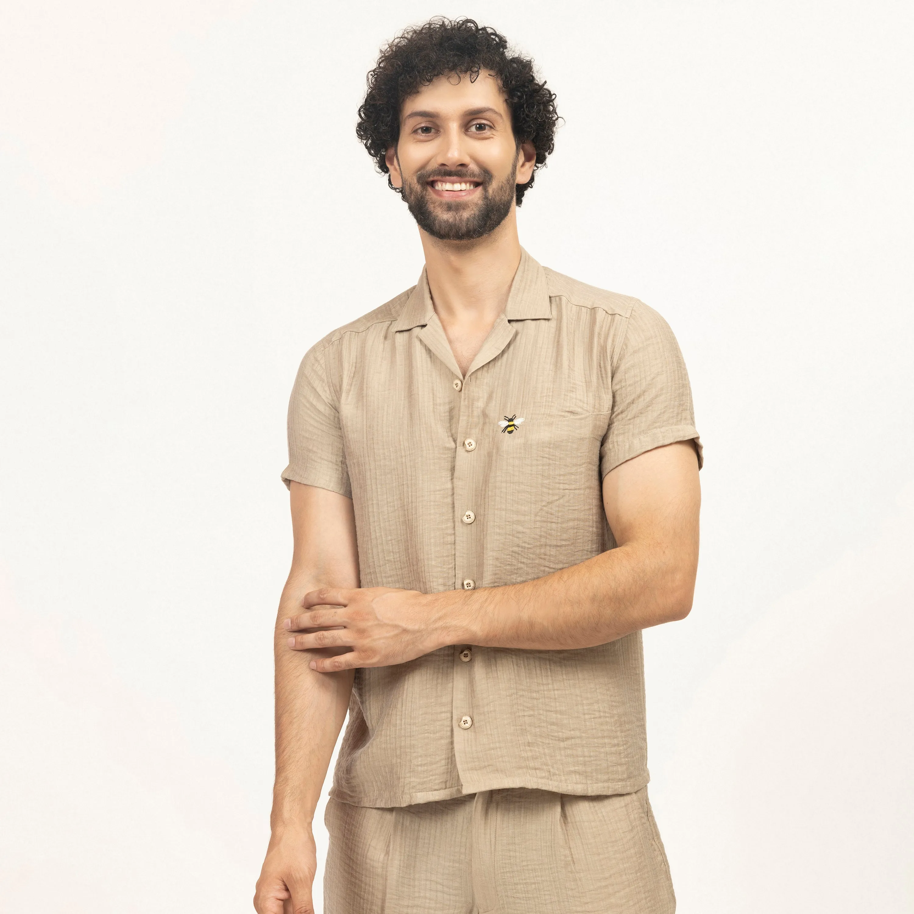 Beige Double Gauze Shirt With Bee Embroidery