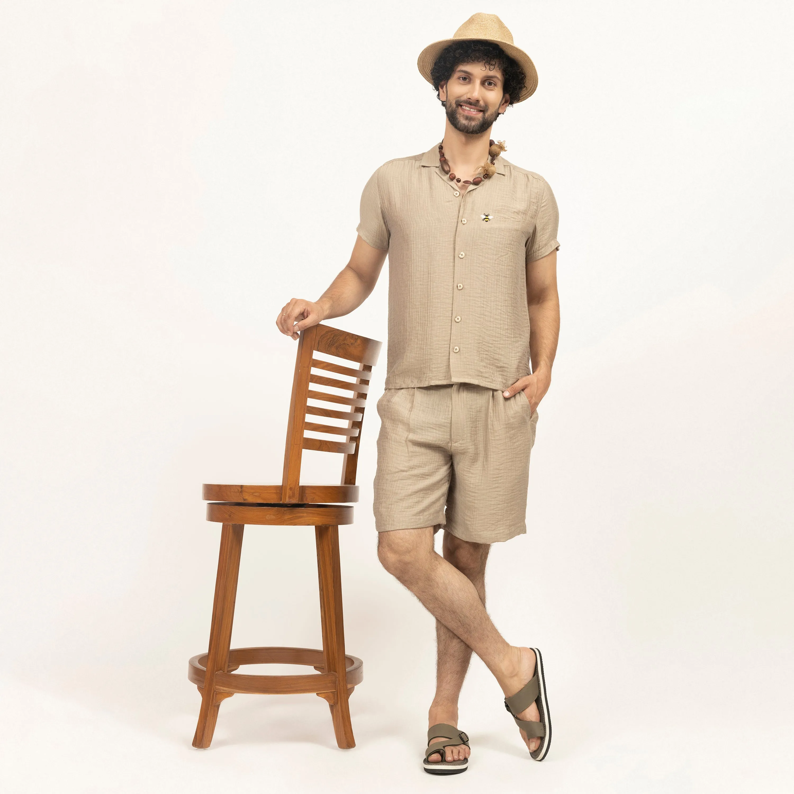 Beige Double Gauze Shirt With Bee Embroidery