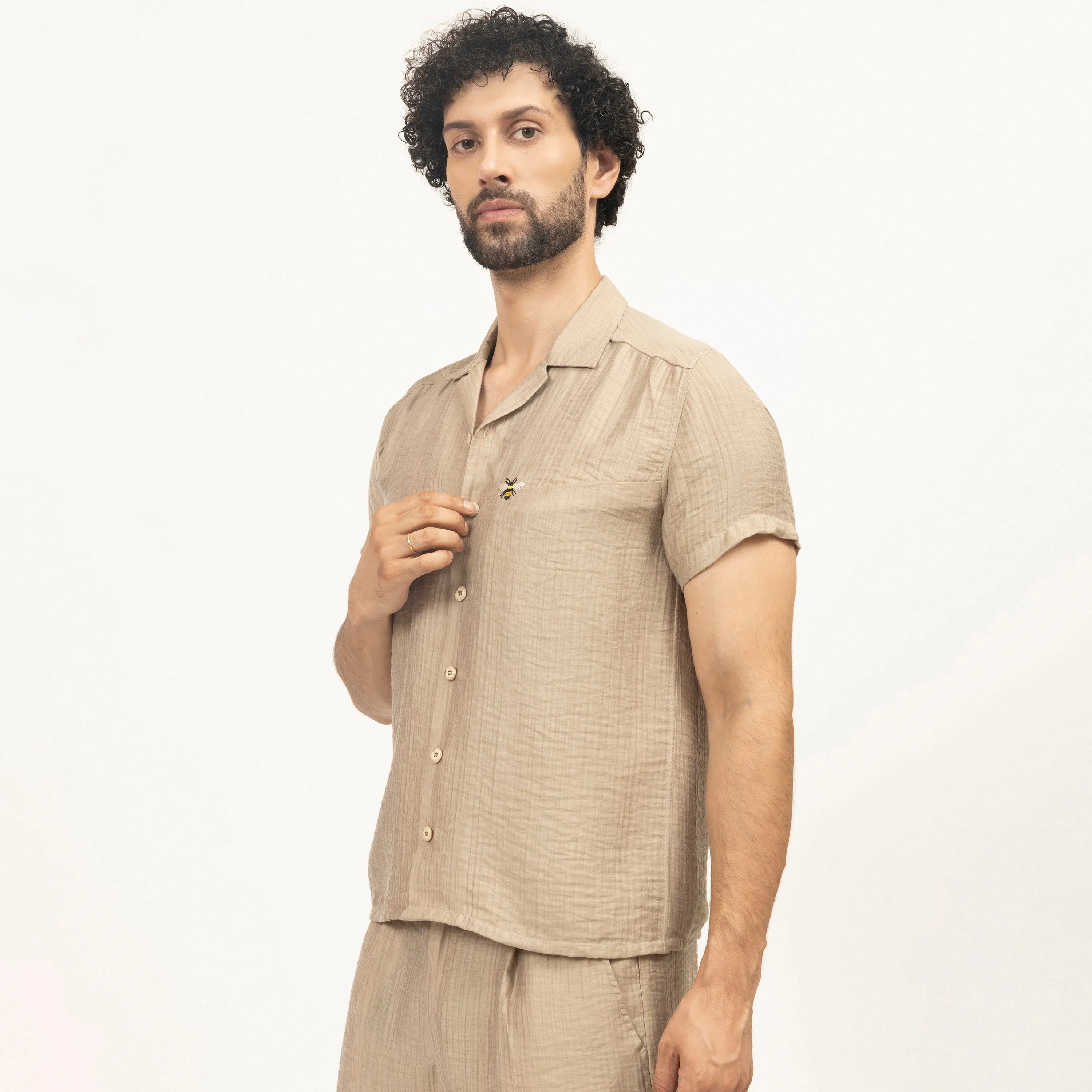 Beige Double Gauze Shirt With Bee Embroidery