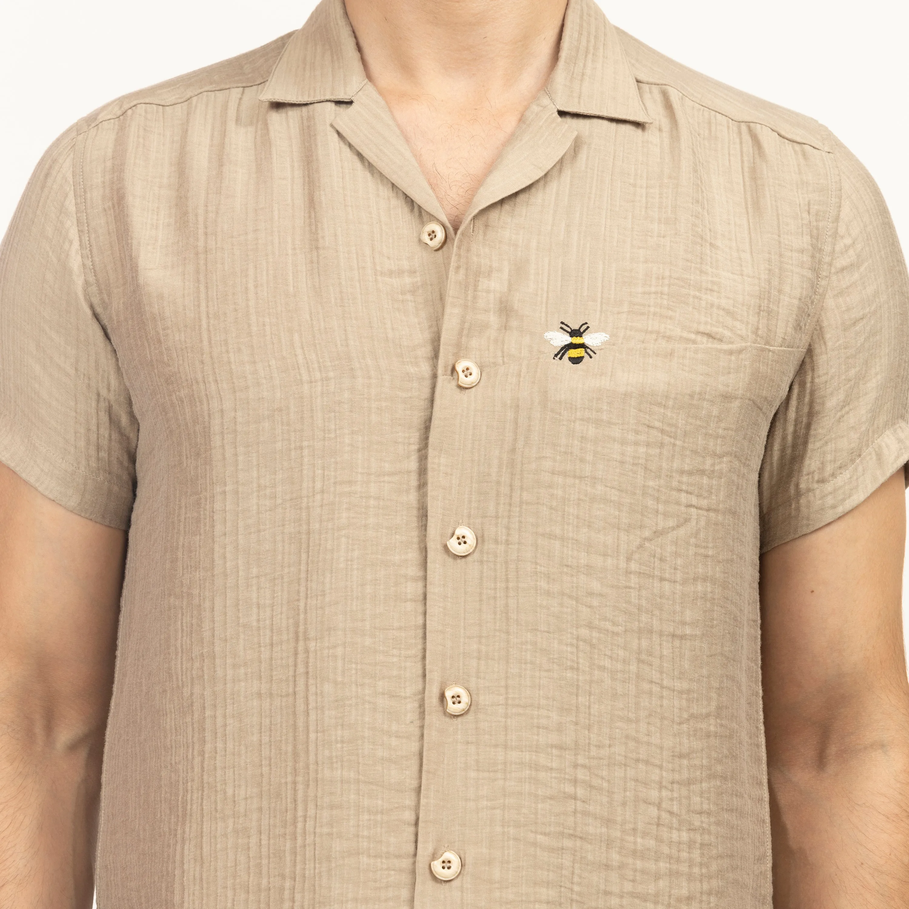 Beige Double Gauze Shirt With Bee Embroidery