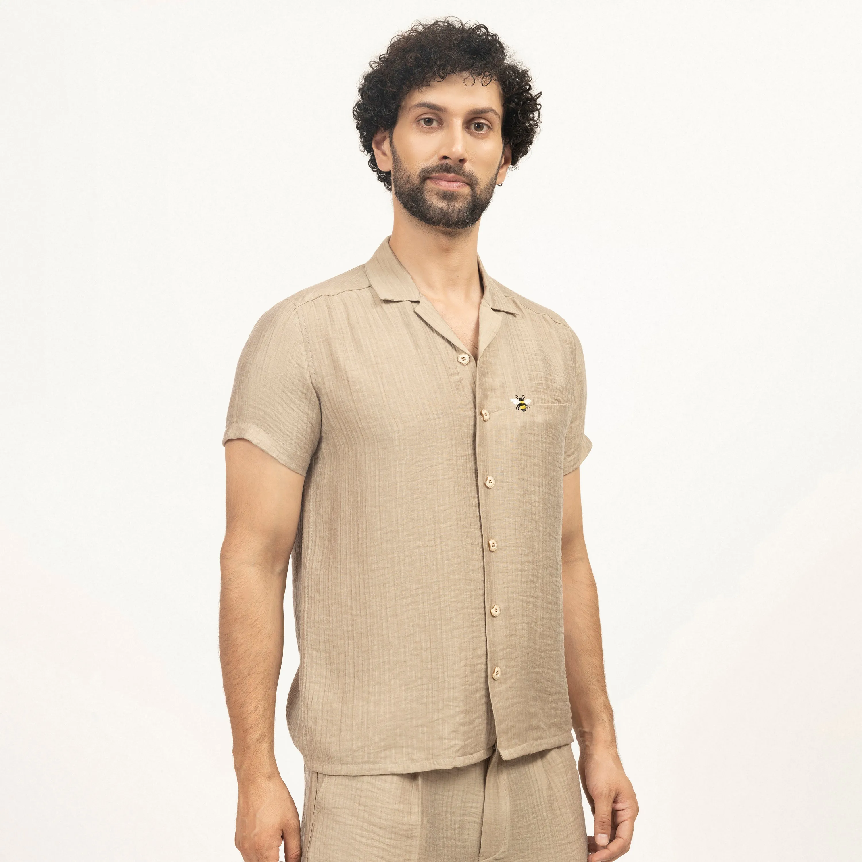 Beige Double Gauze Shirt With Bee Embroidery