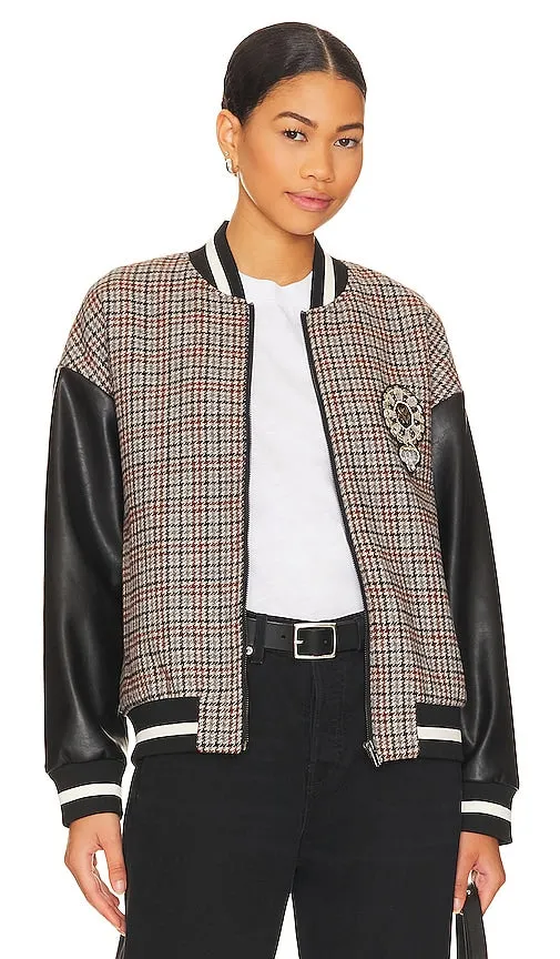 Central Park West Dallas Faux Leather Patch Bomber in Beige