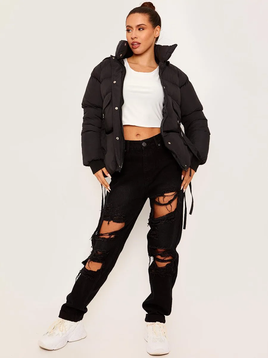 Erika D-Ring Tape Pockets Padded Puffer Jacket In Black
