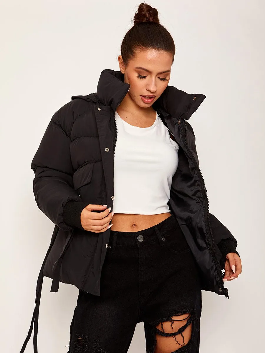 Erika D-Ring Tape Pockets Padded Puffer Jacket In Black