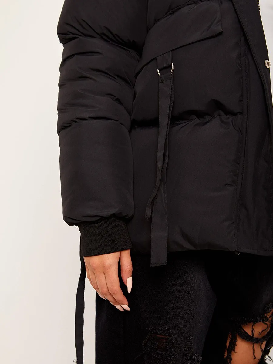 Erika D-Ring Tape Pockets Padded Puffer Jacket In Black