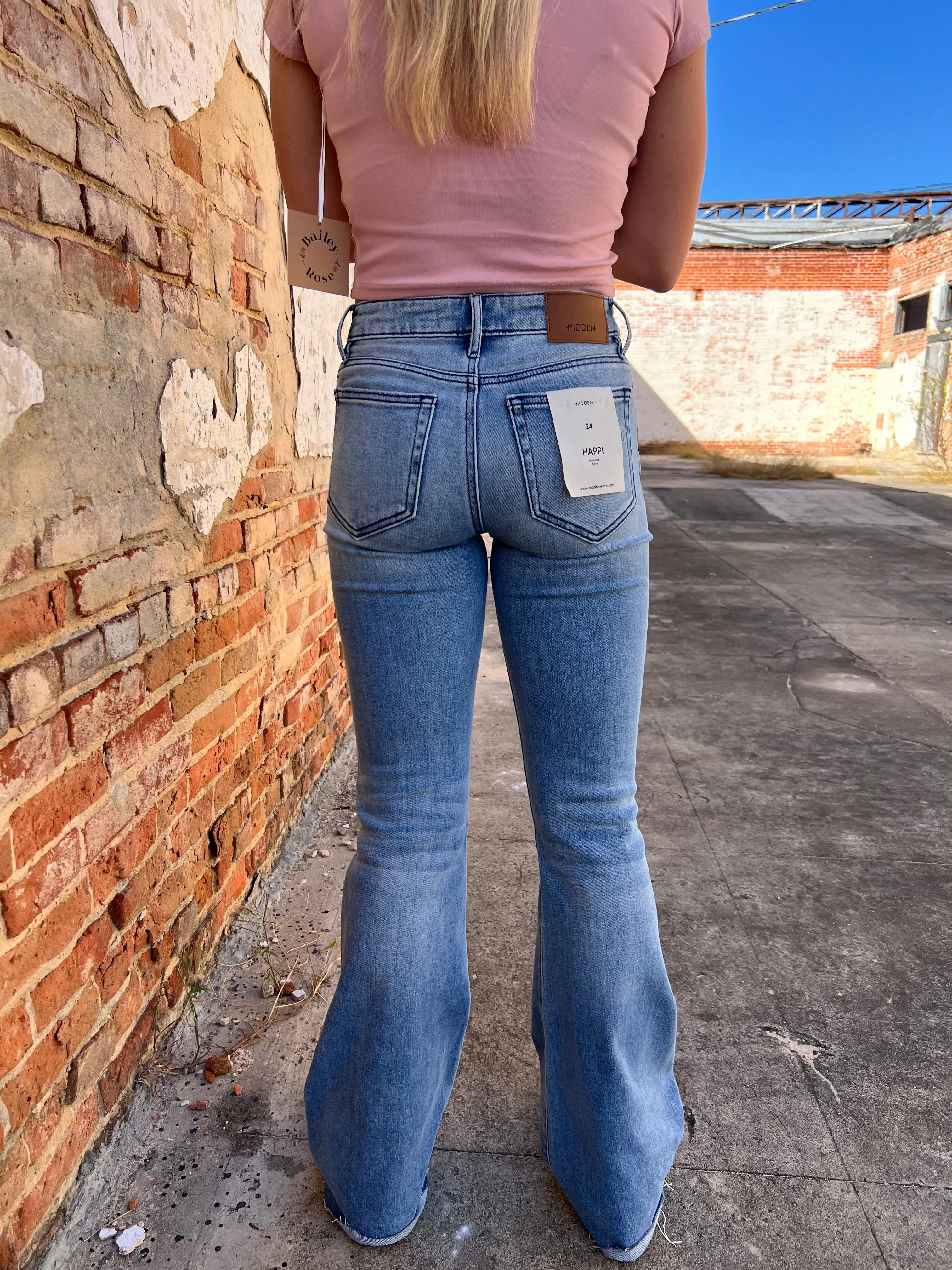 Happi Medium Light Mid Rise Distressed 33" Inseam Flare