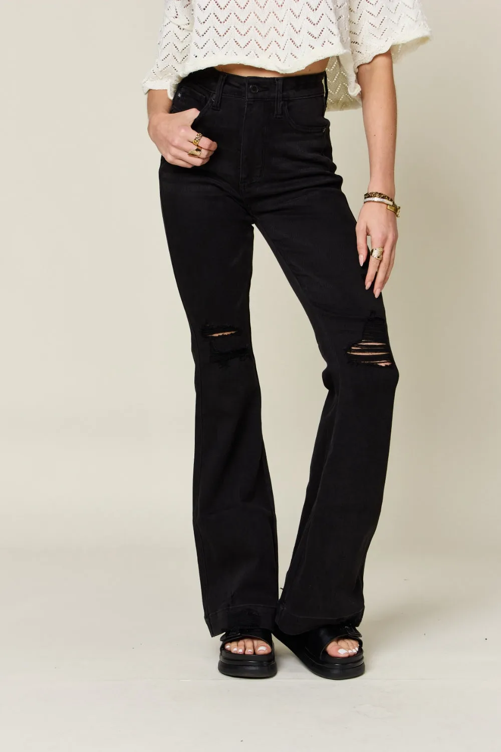 Judy Blue Full Size High Waist Distressed Flare Jeans (Online Only)