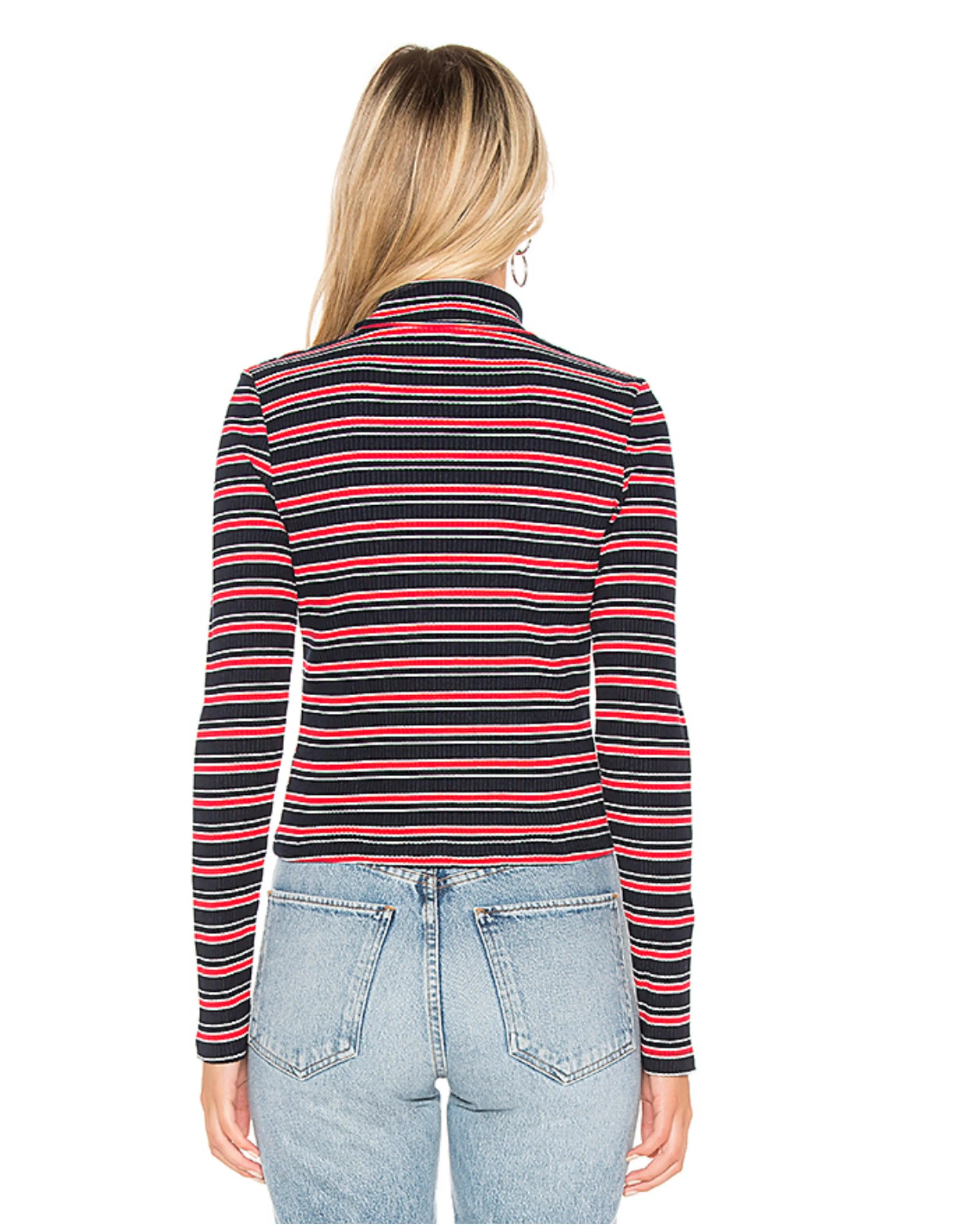 Mock Neck Striped Rib Knit Long Sleeve Top