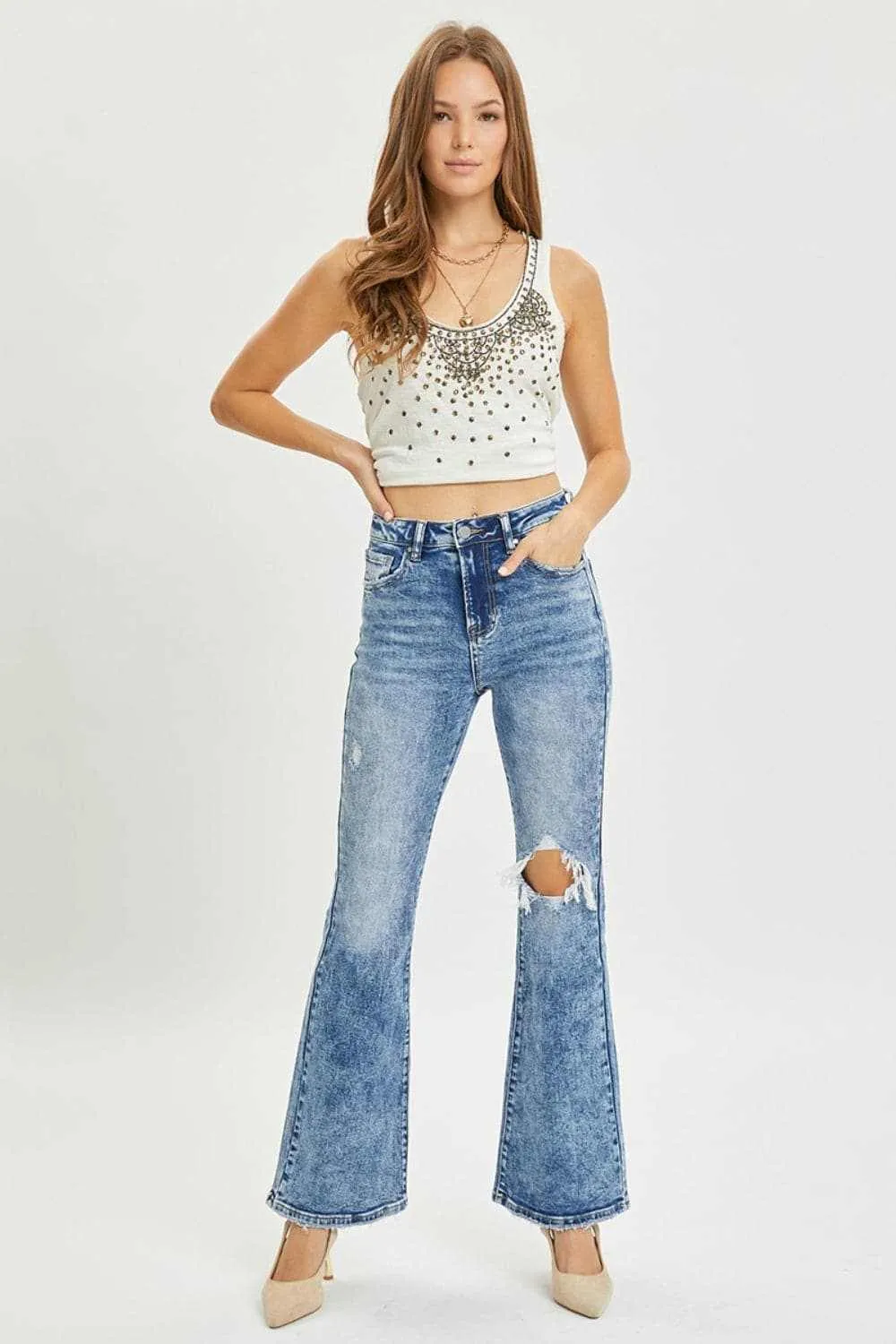 Risen high rise distressed flares