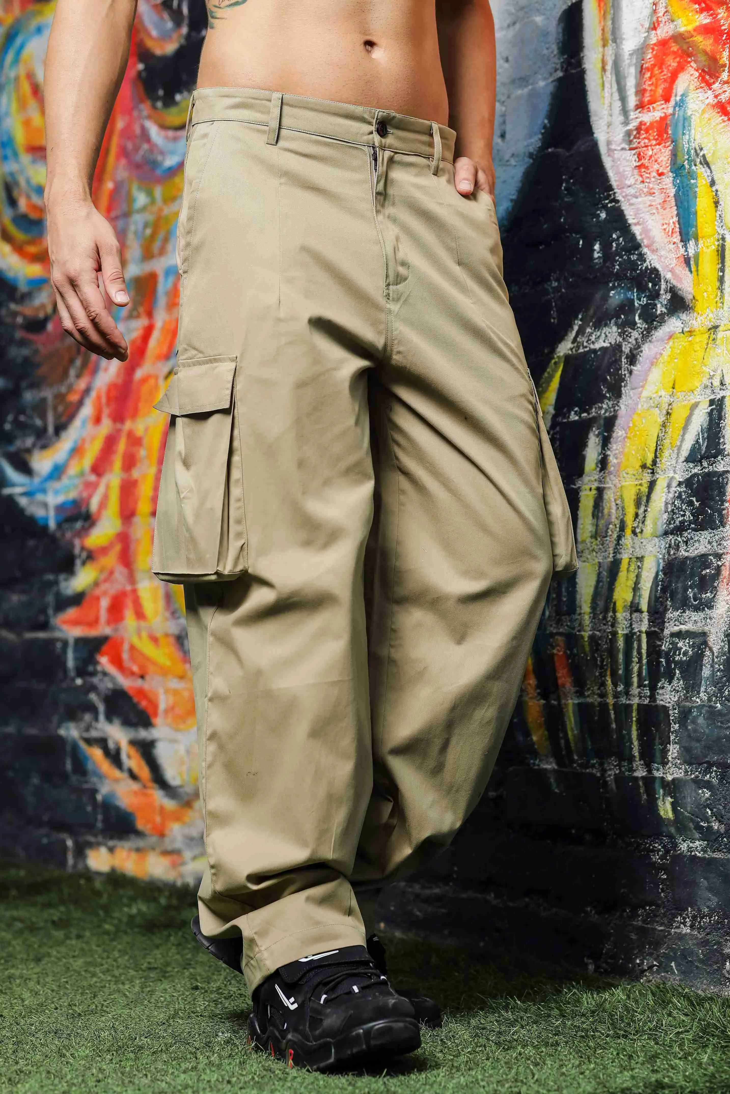 Unisex Baggy fit Beige Cargo Trousers