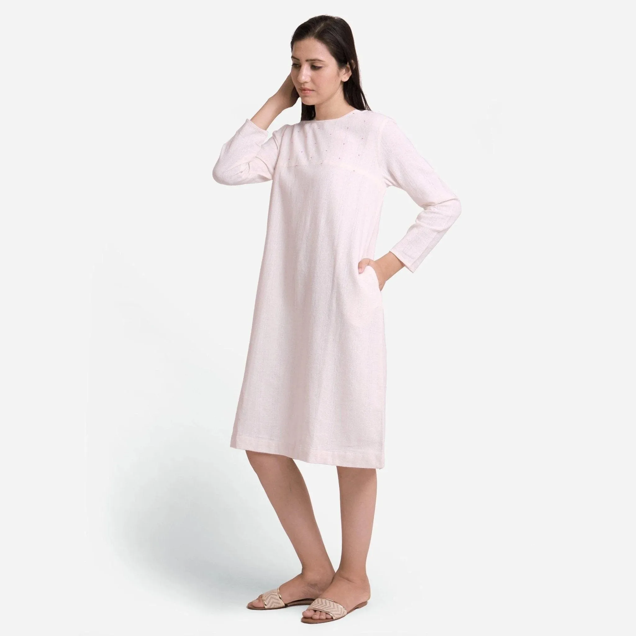White Hand Beaded Cotton Knee Length Shift Dress