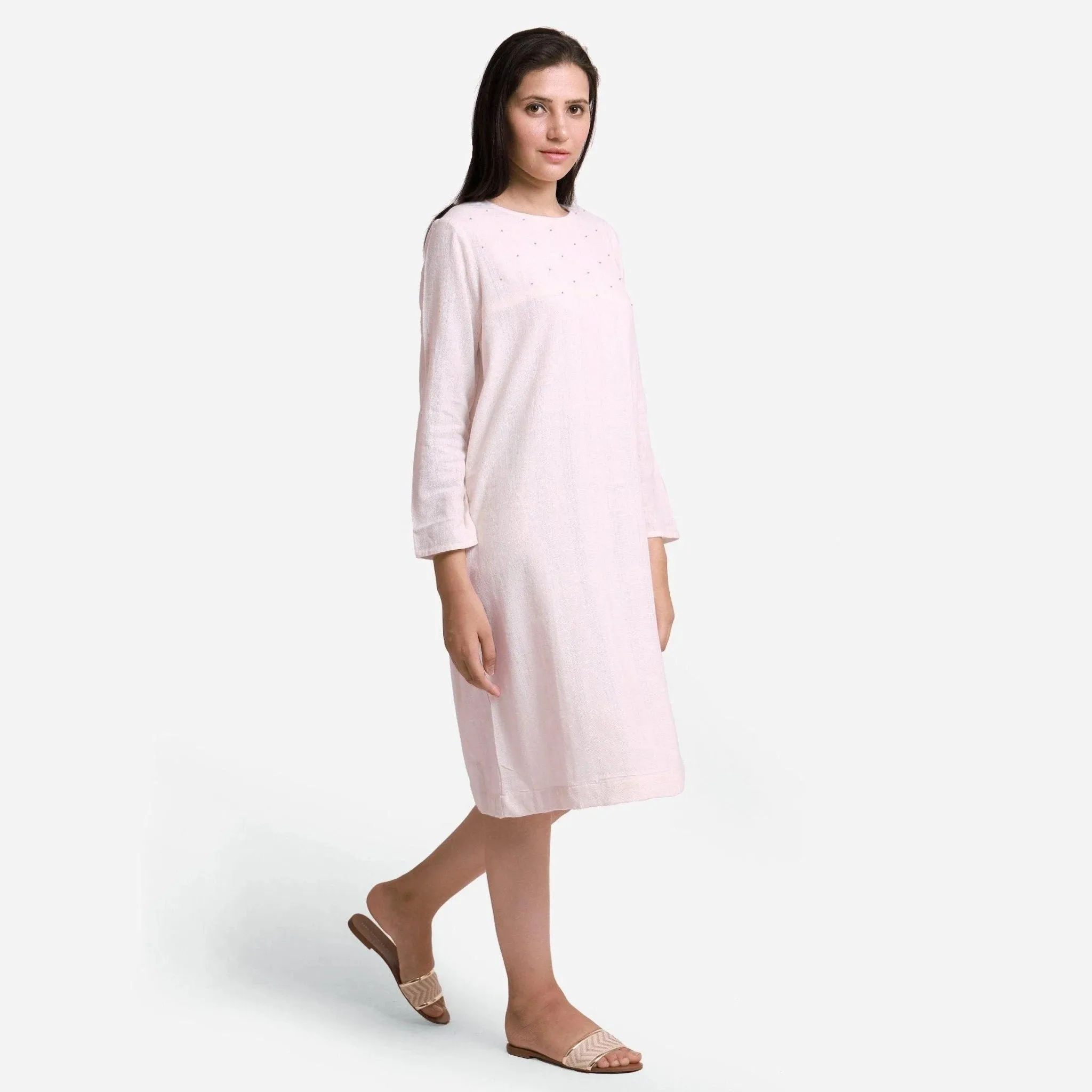 White Hand Beaded Cotton Knee Length Shift Dress