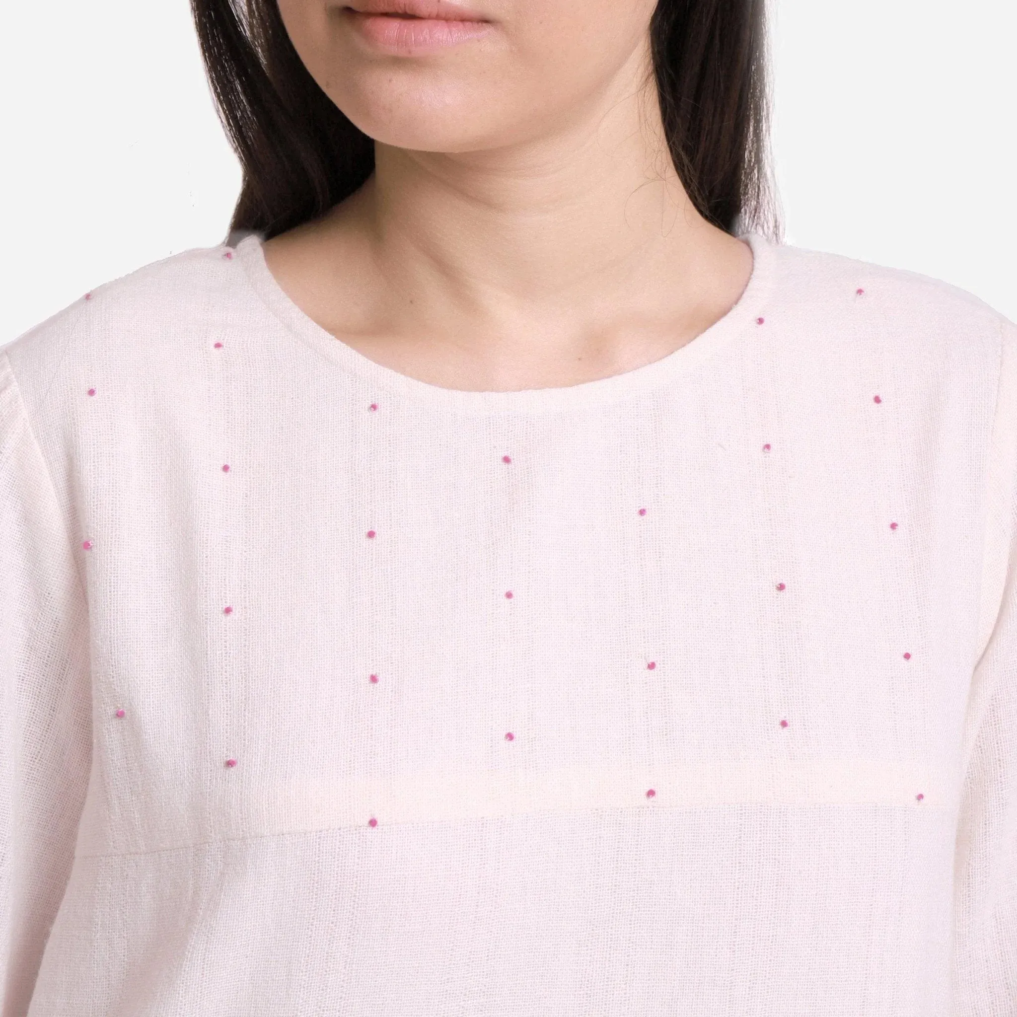 White Hand Beaded Cotton Knee Length Shift Dress