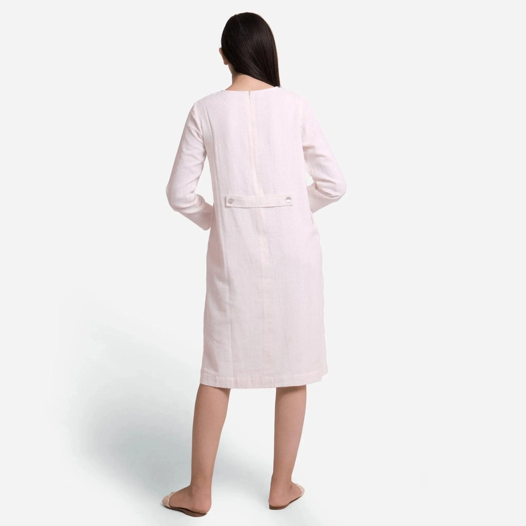 White Hand Beaded Cotton Knee Length Shift Dress