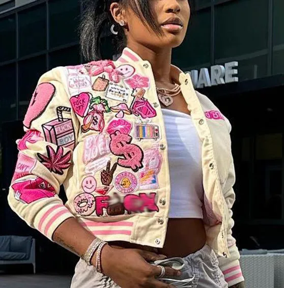 Womens Clothing Print Streetwear Coat Vintage Baseball Letterman Varsity Jacket Coat Bomber Jacket For Women